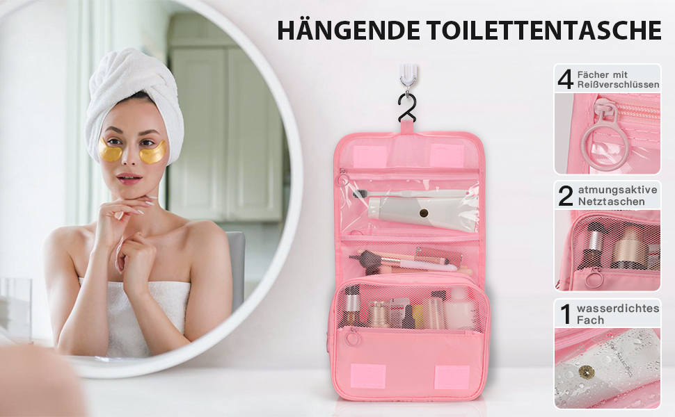 Зівакат Косметичка для підвішування, водонепроникна, з ручкою, для подорожей, спорту та кемпінгу (Рожева)