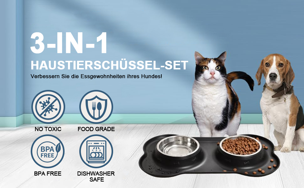 Набори мисок для собак та котів MOACC: 2 шт. по 400 мл, нержавіюча сталь, антиковзаюча підставка, для подорожей, чорний квадрат