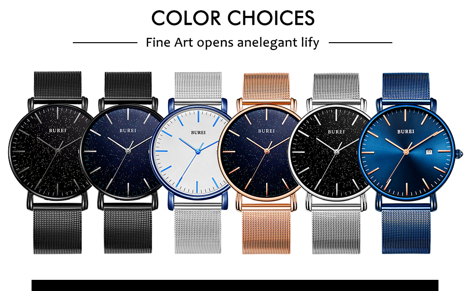 Годинник чоловічий BUREI Ultra тонкий аналоговий з датою, кварцовий механізм (Blue Sun Gold, нержавіюча сталь)