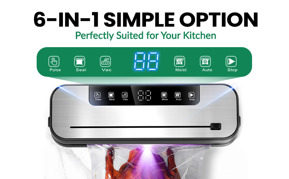 Професійний вакуумний пакувальник 6-в-1 для продуктів харчування з 50 пакетами та шлангом, 75Kpa, автоматичне закриття з різаком та цифровим таймером