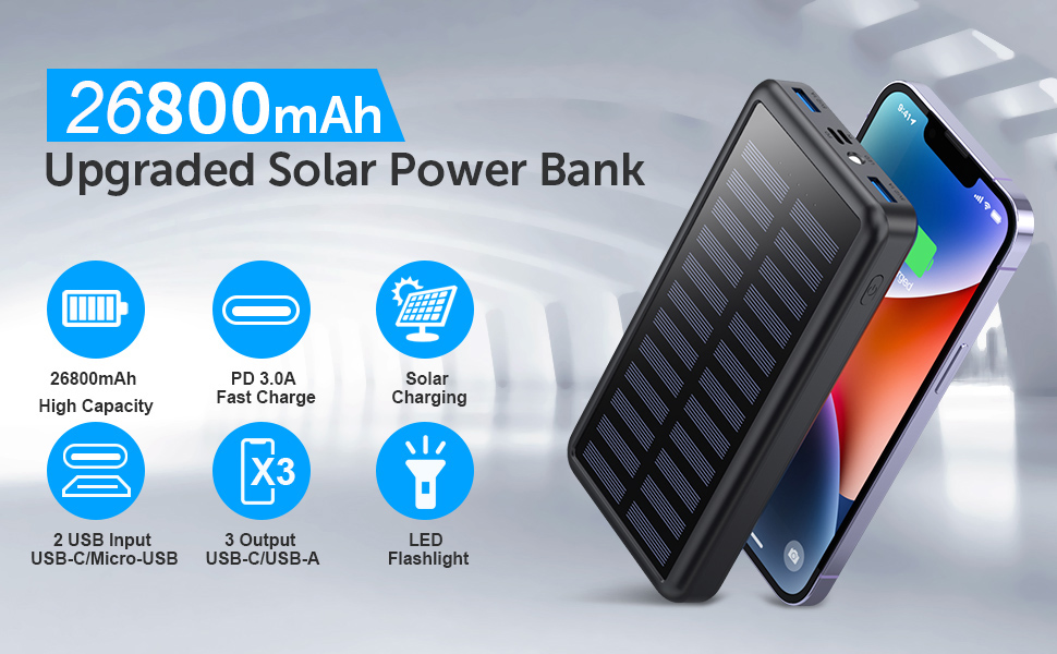 Power Bank 26800mAh USB-C Solar Powerbank PD 3.0A, Водонепроникний акумулятор з LED ліхтариком для iPhone/Samsung та кемпінгу, Чорний