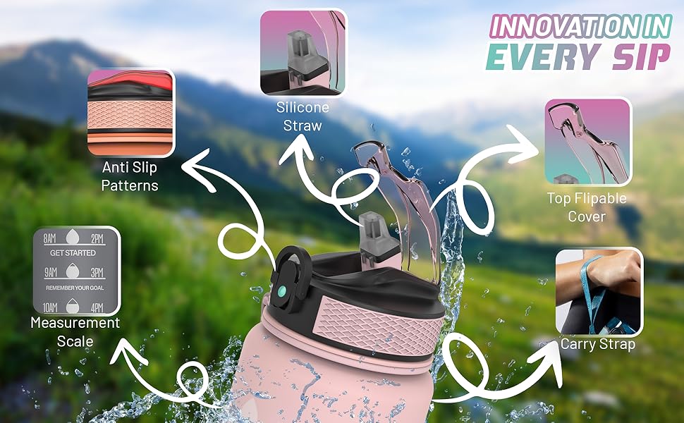 Пляшка для води 1 л BPA Free із соломинкою та часовими мітками, для велосипеда, спорту, школи та активного відпочинку, підходить для газованих напоїв, сіра та червона