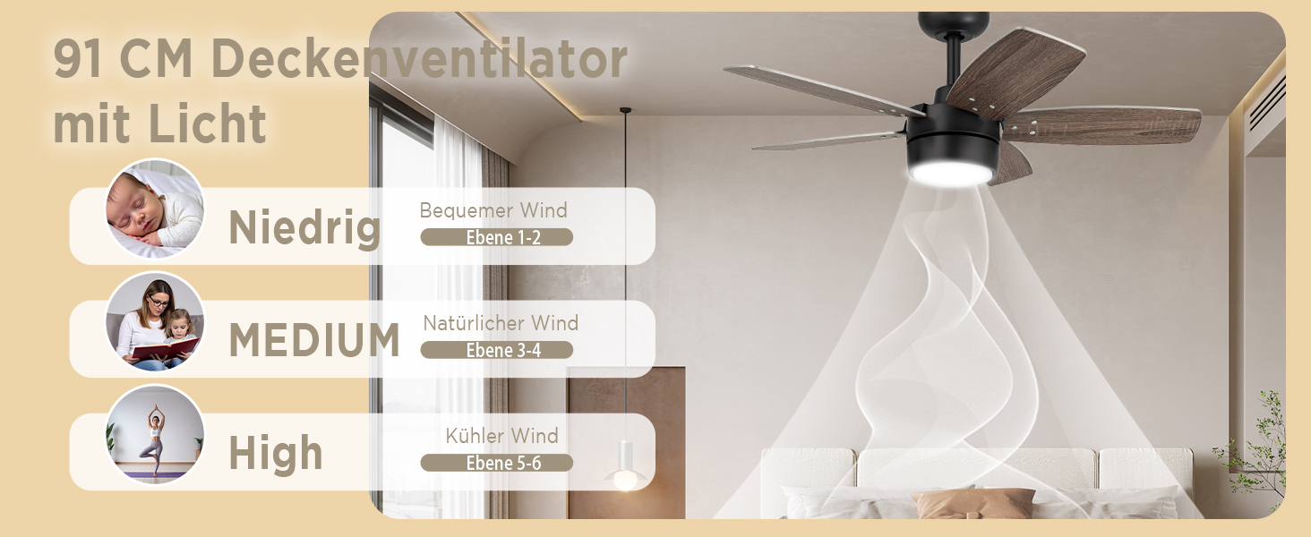 Стеляний вентилятор для маленьких кімнат: сучасний вентилятор з регульованим світлом та пультом керування – реверсивний, тихий з 6 швидкостями для маленьких спалень - 230V (Бронза+волоський горіх, 91 см)