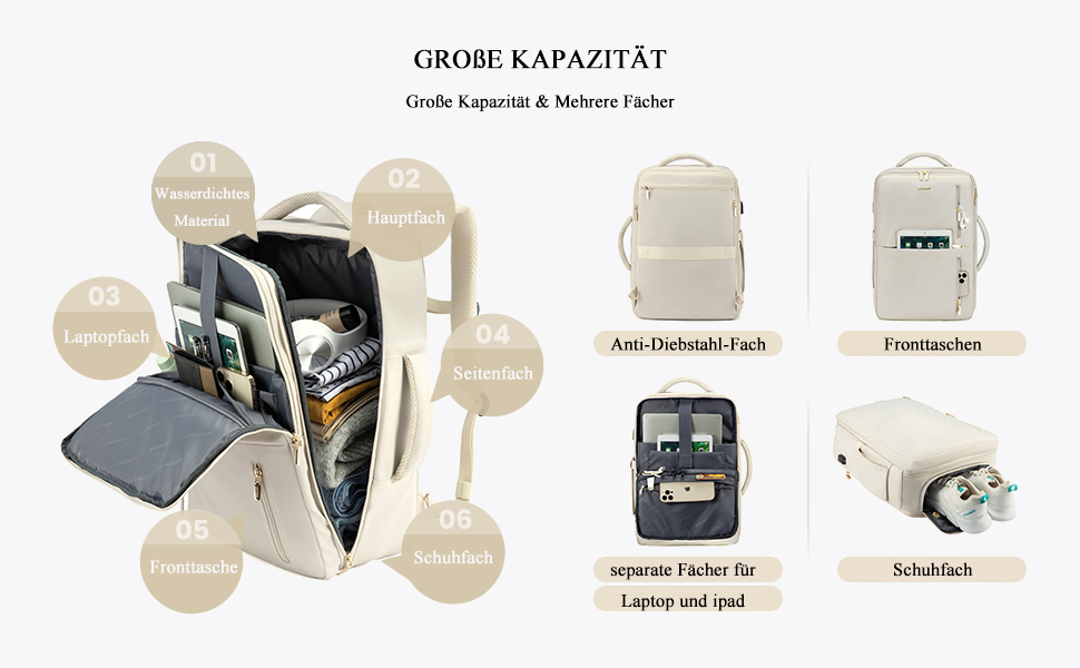 LOVEVOOK Рюкзак жіночий великий з відділенням для взуття, вологостійким відділенням та відділенням для ноутбука 17 дюймів, рюкзак чоловічий, розширюваний ручний багаж для бізнесу 30-40л для подорожей, відпустки, походів, Beige Beige 17,3 дюймів