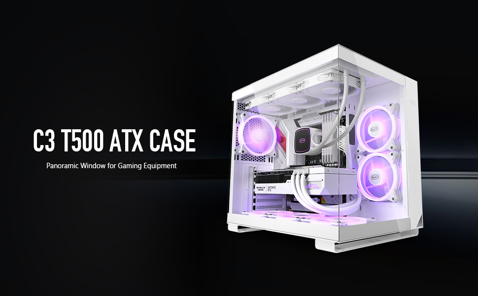 Корпус ПК Tower ATX C3T500 ARGB від PCCOOLER: 6 вентиляторів ARGB, підтримка RTX 40, скляна панель, безрамна конструкція (білий)