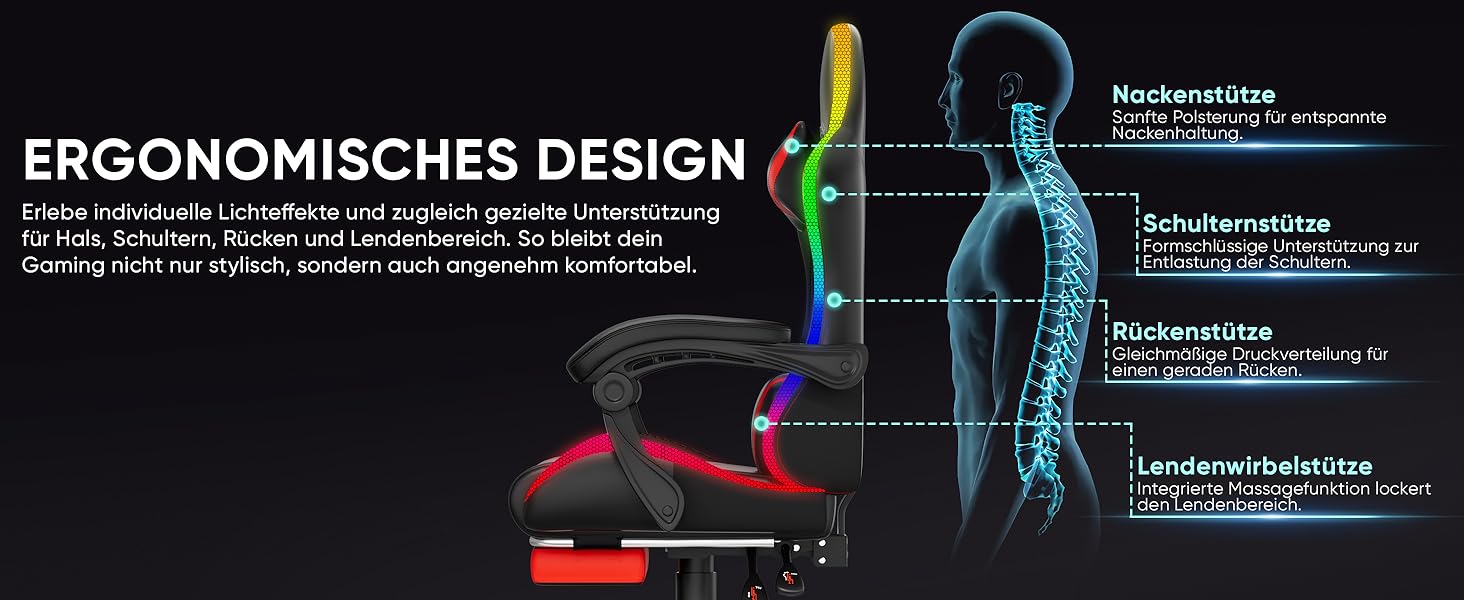 Геймерське крісло Czlolo RGB LED з підставкою для ніг, ергономічне офісне крісло для комп'ютера, блакитне (RGB-червоне)