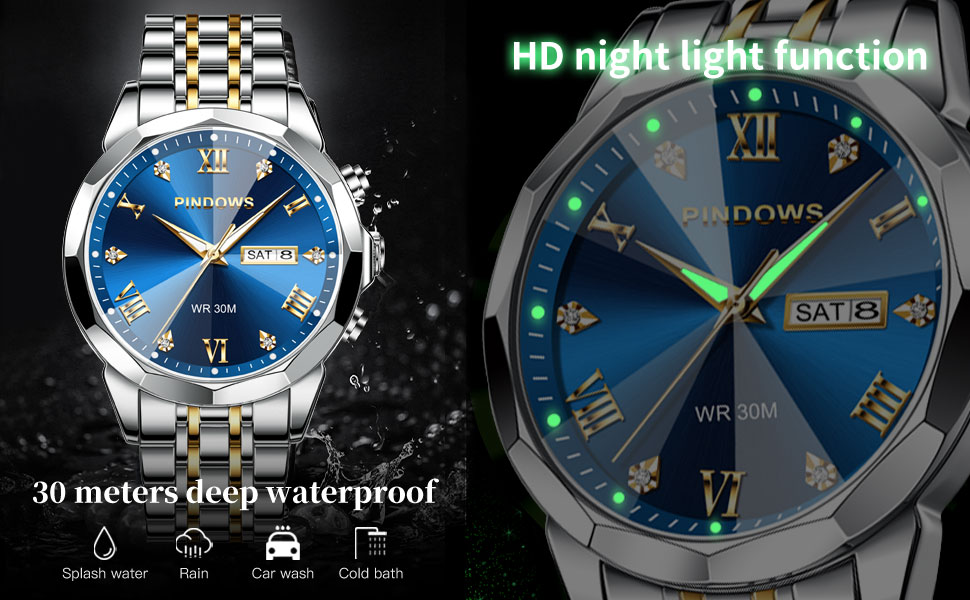 Годинник чоловічий PINDOWS Luxus Quarz з датою, великим циферблатом, водонепроникний, модний, бізнес-стиль. Елегантний двоколірний годинник з нержавіючої сталі з підсвічуванням та календарем. Срібний браслет, синє циферблат De650n3