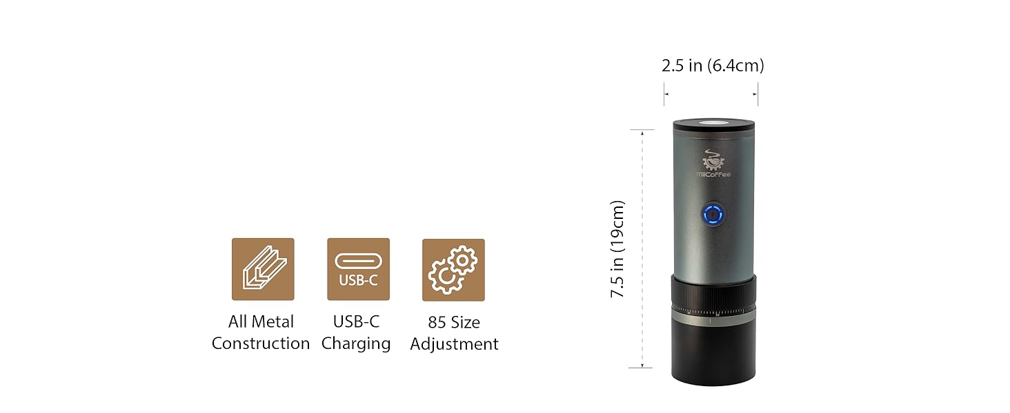 MiiCoffee PT2 портативна електрична кавомолка, USB-C, конічні жорна, алюмінієвий корпус, з щіткою для чищення
