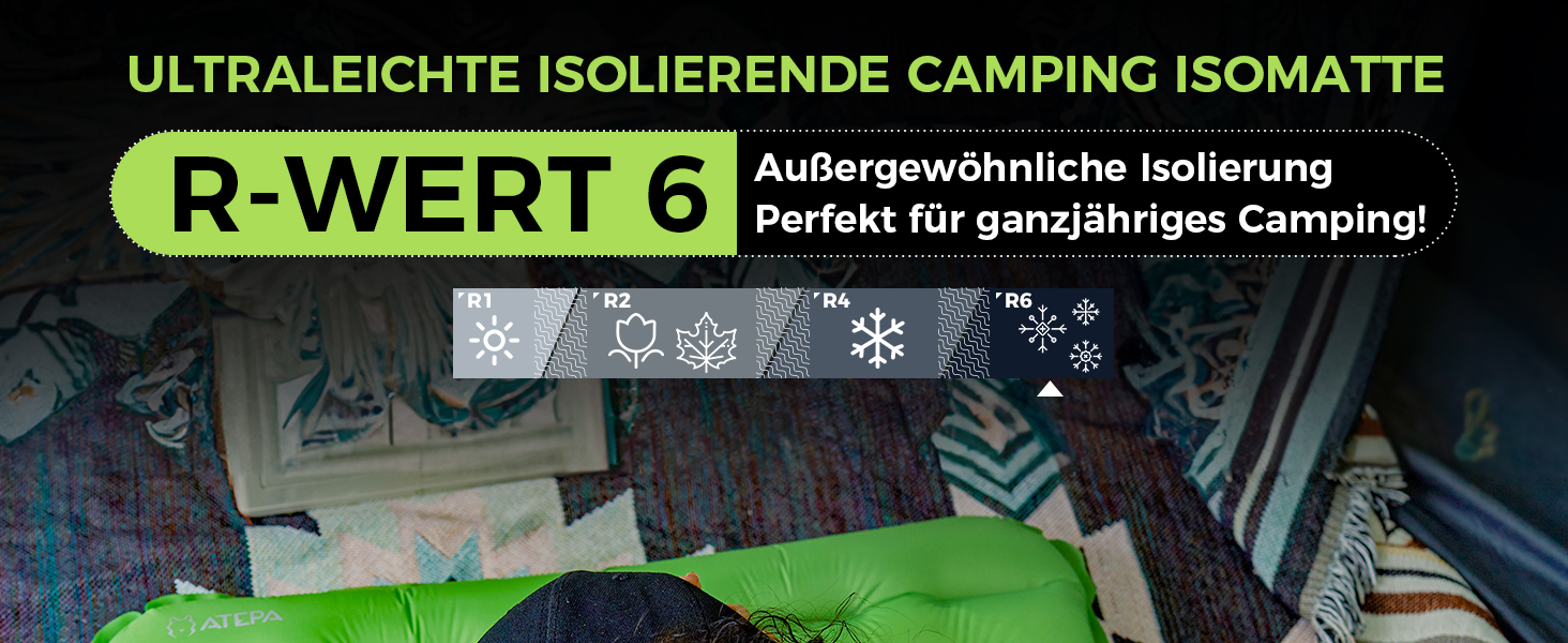 ATEPA ThermAir ізомат для кемпінгу та трекінгу, 6R, R-значення 6.6, 7 камер, компактний, з сумкою, 9см товщина, 9см зелений