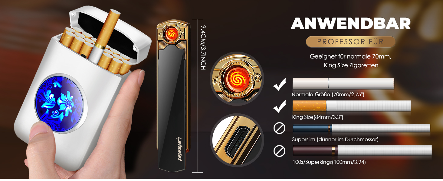 Вишукане екіпірування для курця: Zigarettenetui Lafagiet XL666 з запальничкою, 18 шт. King Size, LED-дисплей, подарунок на День батька