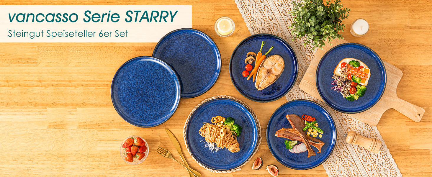 Vancasso Starry Blue 24-Piece Stoneware Dinnerware Set for 6 - Complete Tableware Set with Plates, Bowls