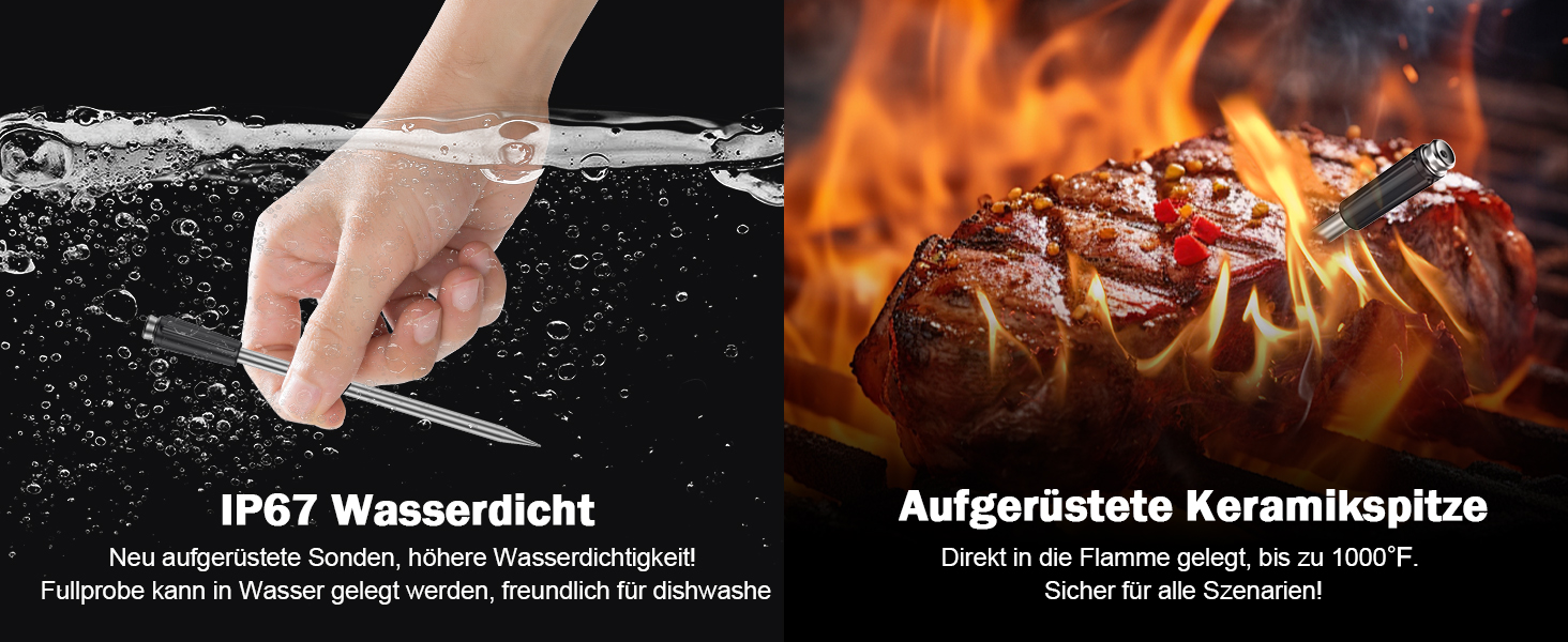 Бездротовий термометр для м'яса з 2 зондами, великий сенсорний екран, IP67 вологостійкий. Підходить для гриля, барбекю, коптильні. Чудовий подарунок на Різдво