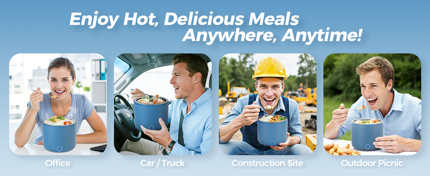 Електрична ланчбокс 80W для дорослих з термоізоляцією, нержавіюча сталь, набір виделки та ложки, 2 контейнери по 1.5л, 3-в-1, 12/24/110~230V, витокозахисний, для авто, вантажівки, офісу (блакитний 1.2л, євро-штекер)