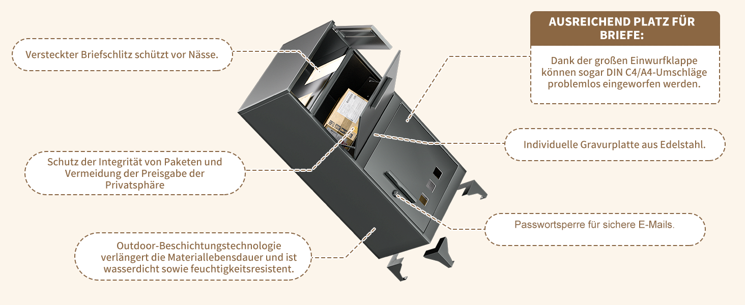 Поштовий ящик вуличний Edestah Anthrazit з газетницею (37x37x10 см), персоналізований з табличкою для імені, захист від реклами, поштова скринька