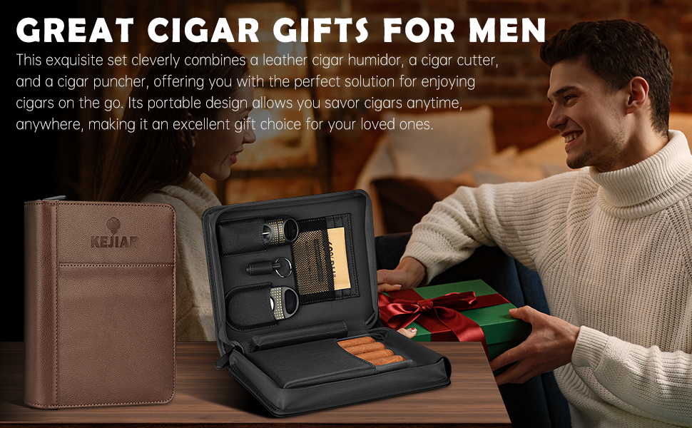 KEJIAR Набір для зберігання сигар: Humidor, ріжучий інструмент, зволожувач, коричневий