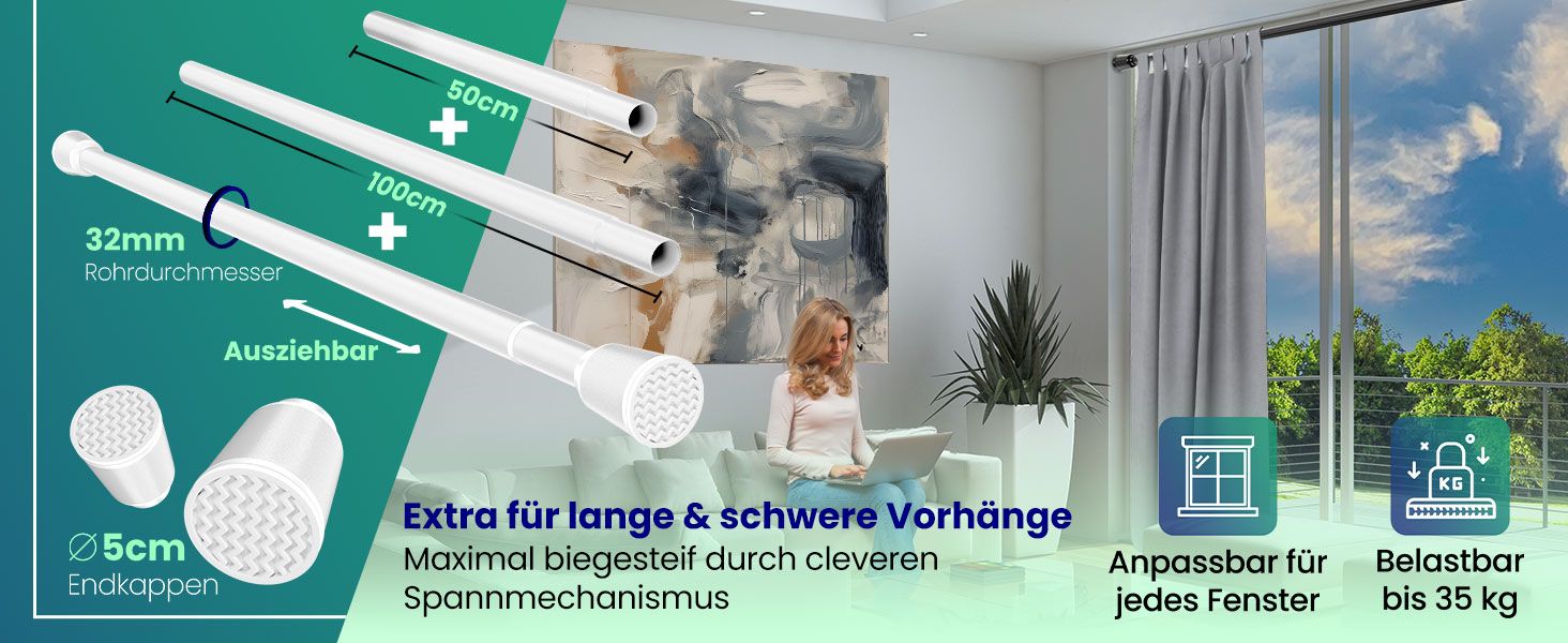 Штанга для штор без свердління, телескопічна, 260-350 см, біла. Підходить для штор, душової кабіни, одягу, сіток для котів.