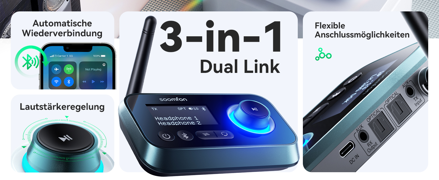 SOOMFON Bluetooth 5.0 Передавач-Приймач: Підключення 2 навушників до TV, PC, Stereo. Низька затримка, регулювання гучності, Aux/RCA/Оптичний