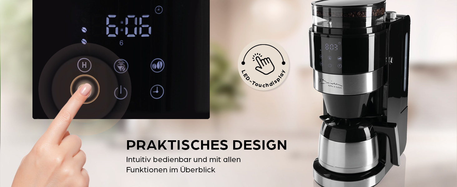 Кавомашина Barista Filterkaffeemaschine з регульованим млинком та термокружка | Функція підігріву, таймер 24 год та перманентний фільтр | Для 10 чашок кави | Кавомашина для зерен та меленої кави [Нержавіюча сталь] (8) Нержавіюча сталь (Pro Design) - Термокружка - з млинком