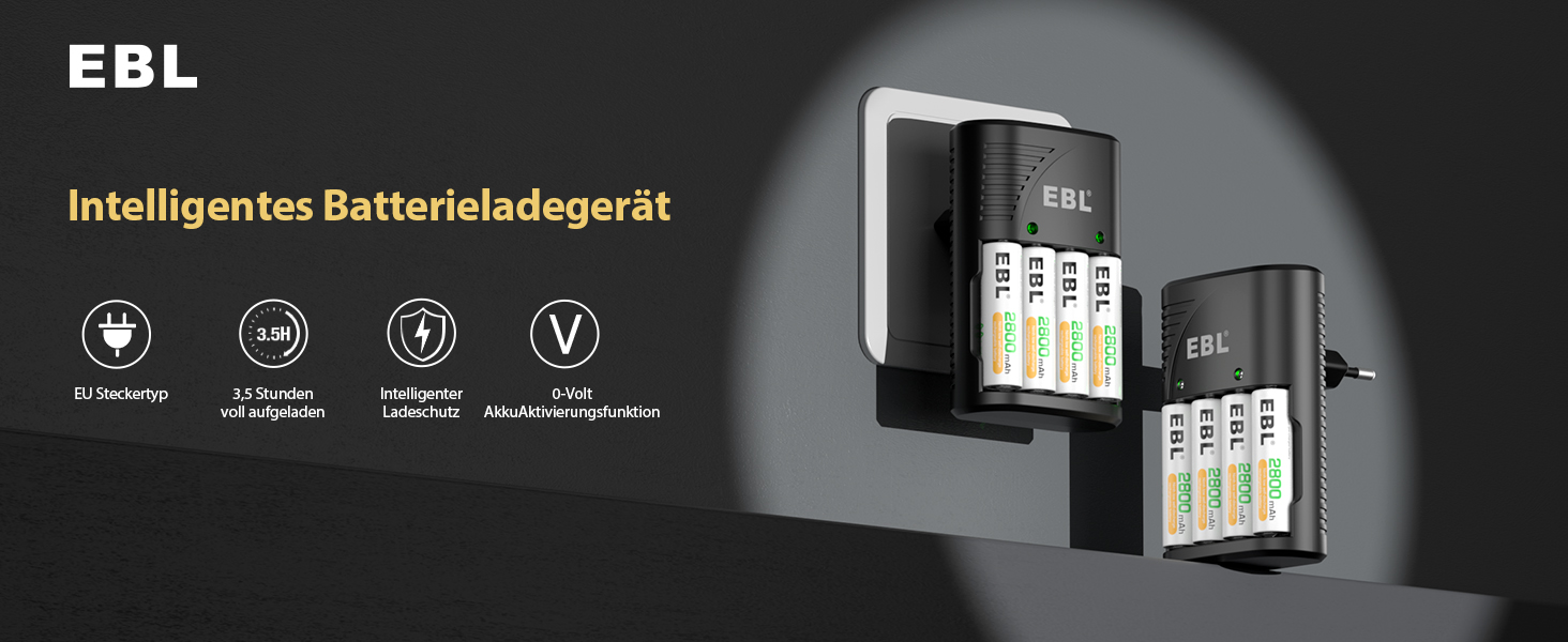 Зарядний пристрій для акумуляторів EBL AA AAA 9V NIMH з 4 відсіками, Smart Plug, LED-дисплей, швидка зарядка