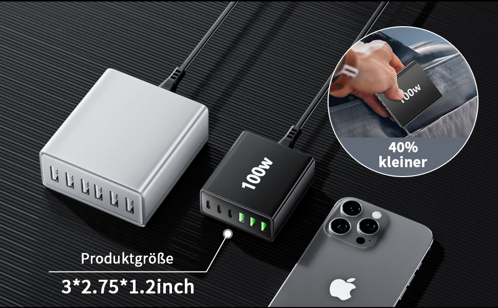 Багатопортовий зарядний пристрій HSSNS USB-C: 100W, 6 портів, швидка зарядка, USB-C та USB-A, для iPad, iPhone та смартфонів, чорний