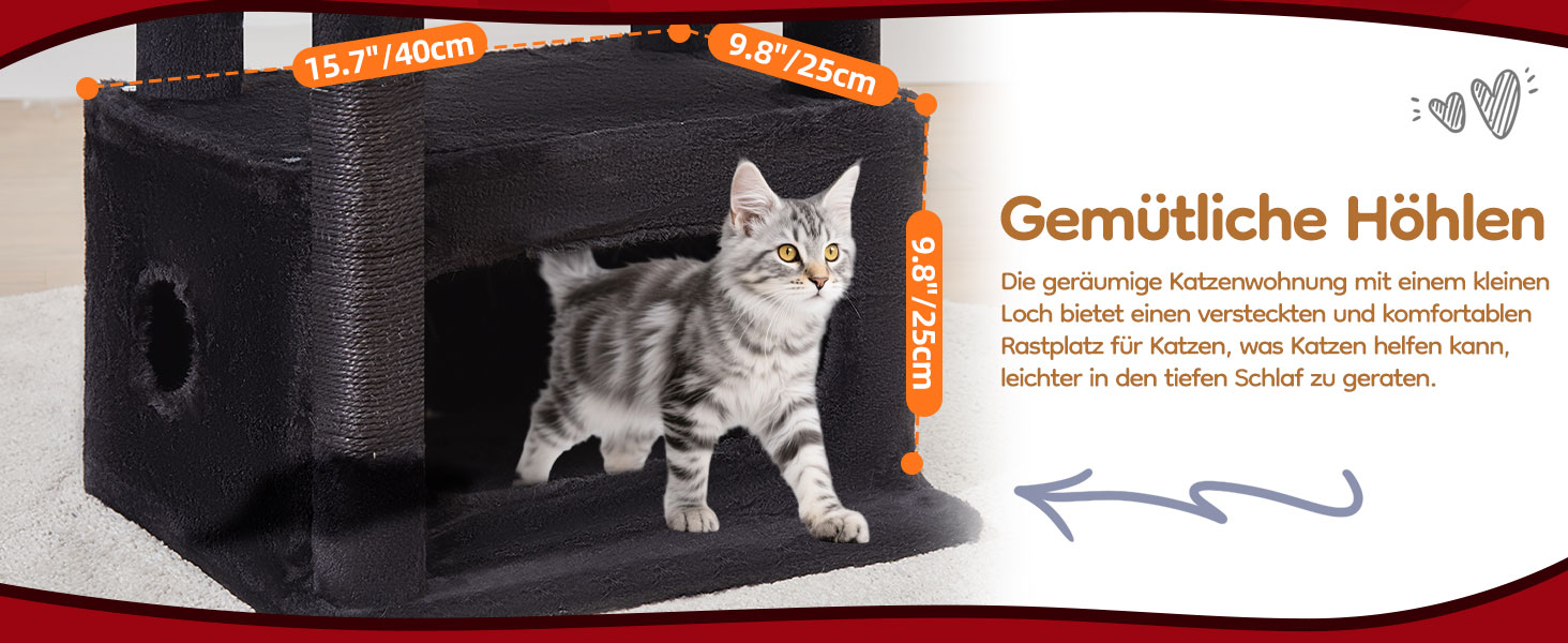 Драбина для котів Taoqimiao Klein, 98 см, з будиночком, корзиною, 4 стовпчиками для шліфування та іграшками, MS029SW (Чорний + Червоний)