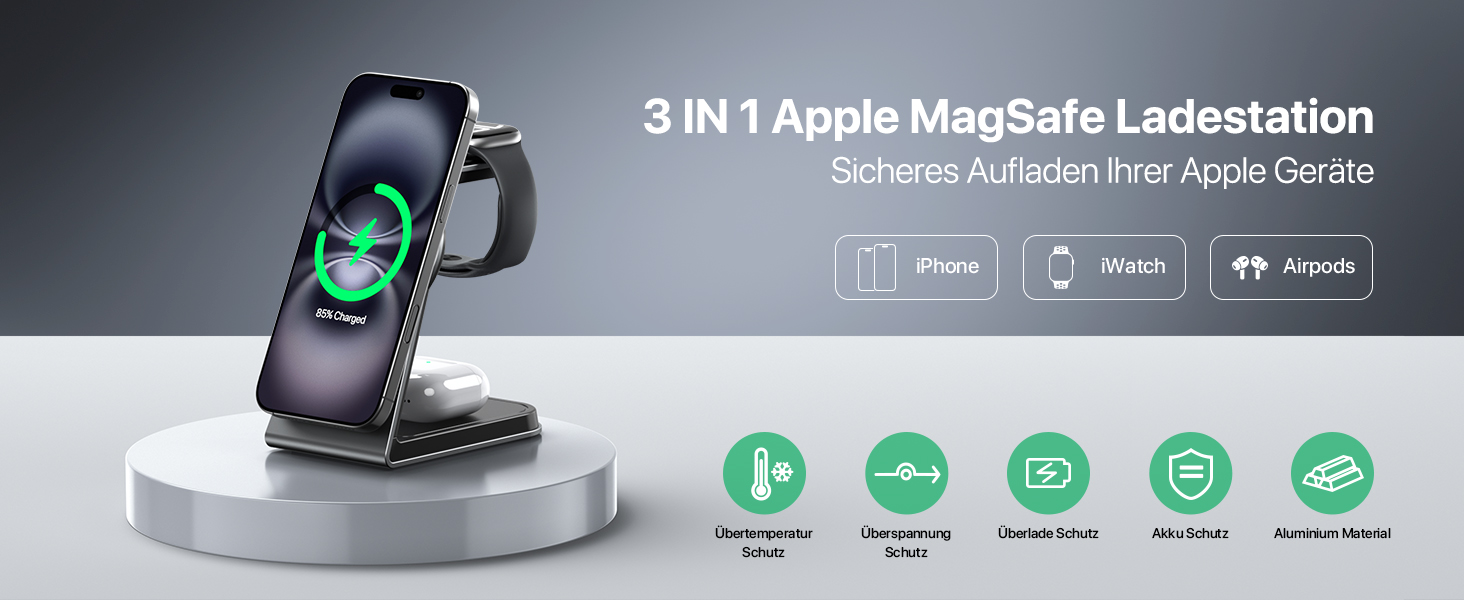 Зарядна станція 3-в-1 для Apple Watch, iPhone та AirPods Pro (індуктивна, бездротова) Сірий