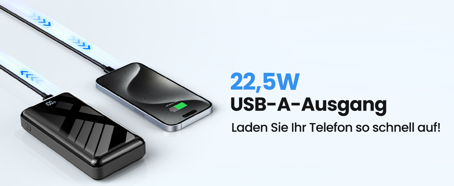 Power Bank 27000mAh з LED-дисплеєм, 22.5W PD20W USB-C, чорний. Сумісний з iPhone 16/15/14/13/12/11 Pro