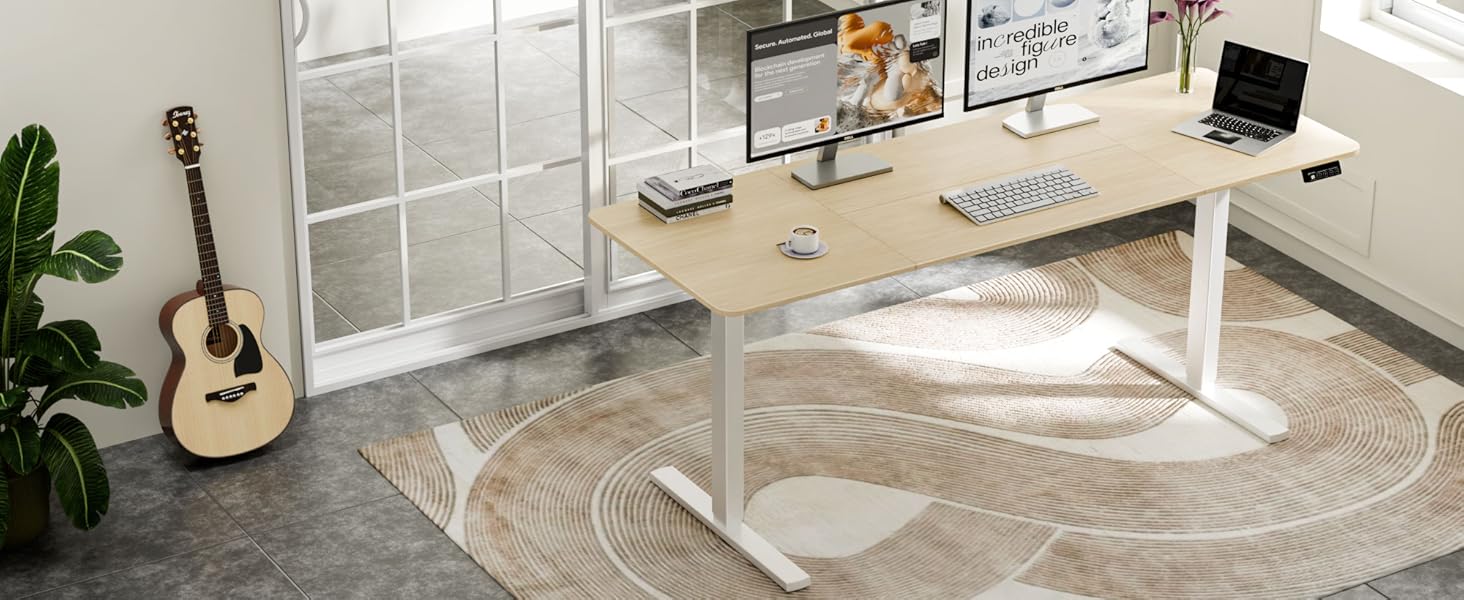 Electric Height Adjustable Standing Desk 80x60 cm & 170x60 cm - Ergonomic Desk with Dual Top, White Frame & Walnut Tabletop for Home Office