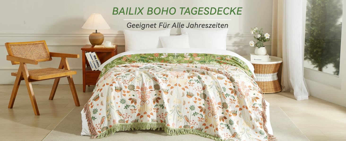 Покривало Bailix Premium Boho з 100% бавовни муслін, двосторонній плед з китицями для дивана та ліжка, 200x230 см, колір волого-зелений