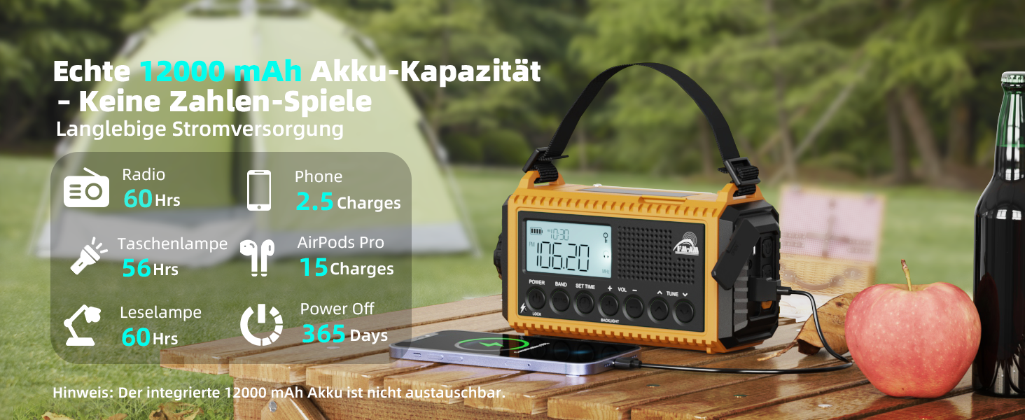 Радіо Kurbelradio 12000 mAh: Сонячне, ручне, аварійне радіо з ліхтариком та USB-зарядкою (Жовтий)