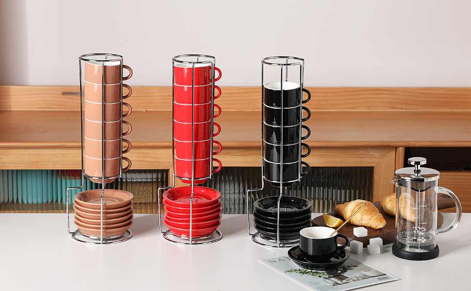 Набір порцелянових чашок еспресо Sweejar (6 шт.) з підставкою, 70 мл, для кави, мокко, чаю (чорний)