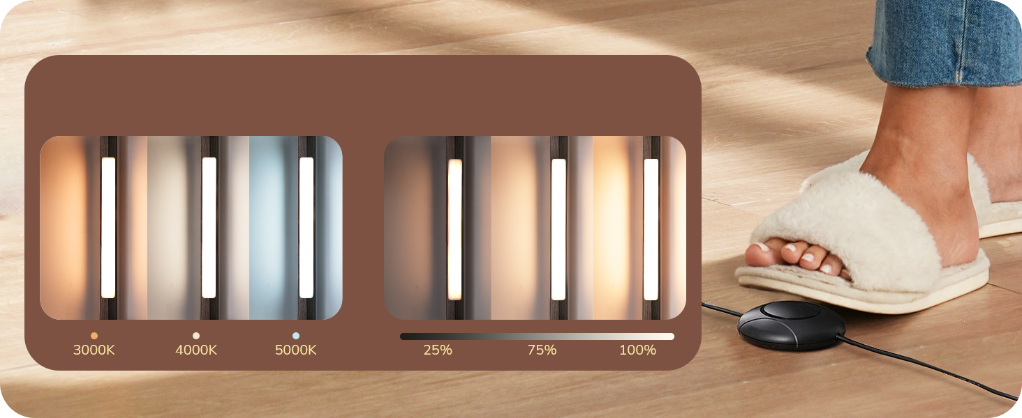 Стійка лампа EDISHINE з 4 полицями з дерева, LED диммер, 3 кольори світла, поворотний світловий маніпулятор, підсвічування полиць, регулювання яскравості, футовий вимикач, для вітальні (Вінтаж-коричневий+скло)