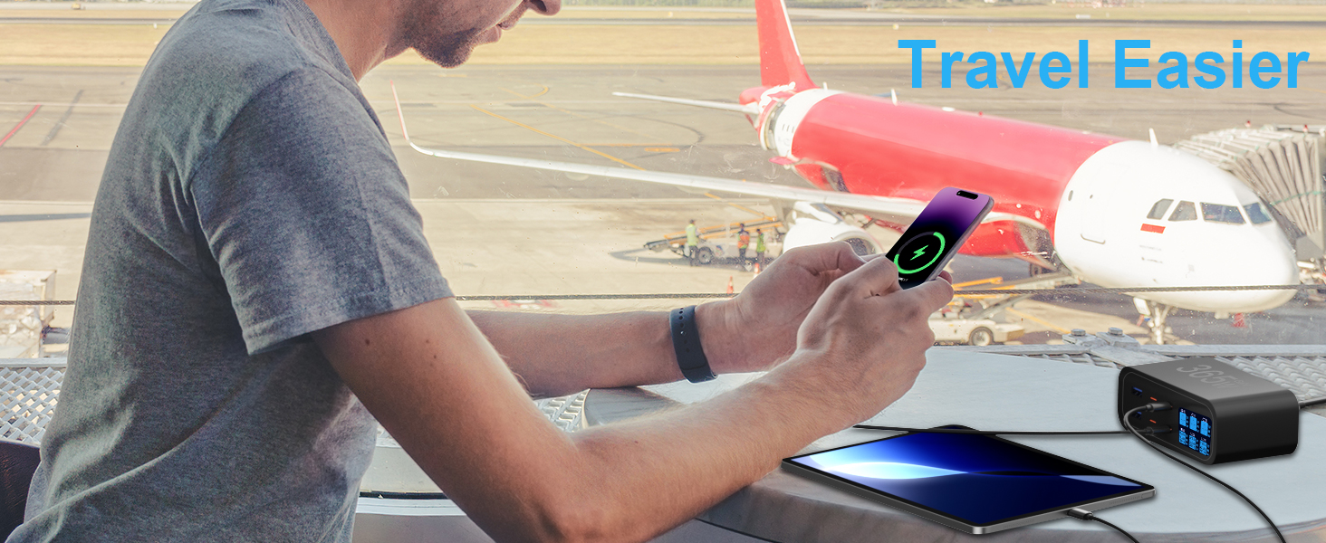 Зарядний пристрій USB-C 365W YSYFAD з 6 портами, PD 100W, QC 3.0, LED індикатор - для MacBook, ноутбуків, iPhone, iPad (Чорний)