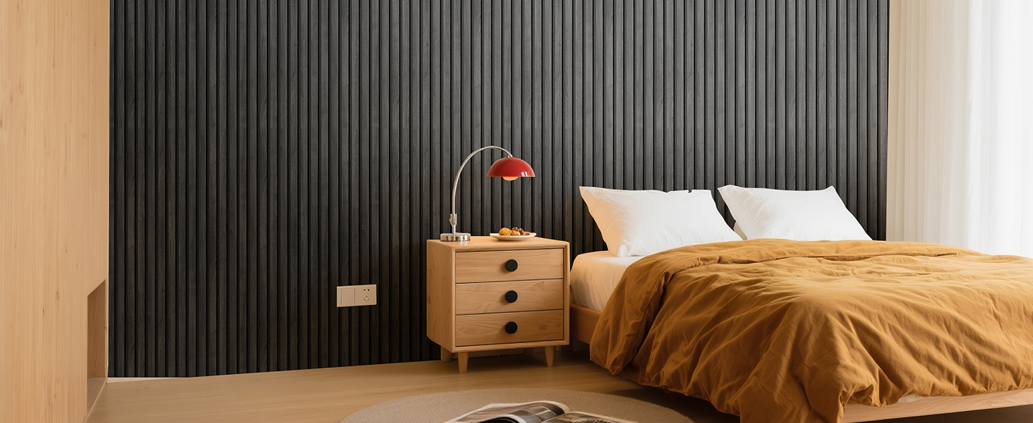 Акустичні панелі з дерев'яного шпону самоклеючі, набір 2 шт (100x52 см), звукопоглинаючі стінові панелі для шумоізоляції та декору вітальні, офісу (Чорний)