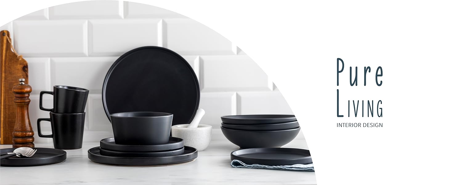 Matte Black Stoneware Dinnerware Set for 6 - 24 Piece Set | Pure Living | Urban Style Dinner Set