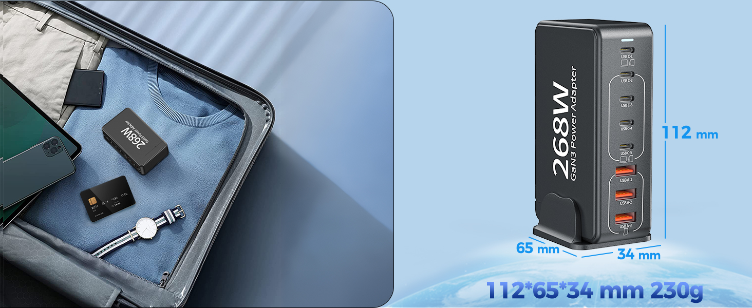 Зарядний пристрій USB-C GaN III 268W: 8 портів, швидка зарядка PD для iPhone, Samsung, MacBook, Dell, Steam Deck та інших пристроїв