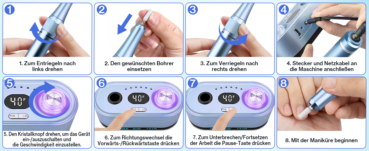 Електрична шліфувальна машинка для нігтів, професійна, 40000 об/хв, LCD манікюр/педикюр, набір з багатофункціональною базою, портативна, з підсвічуванням, сенсорне керування (Світло-блакитний)
