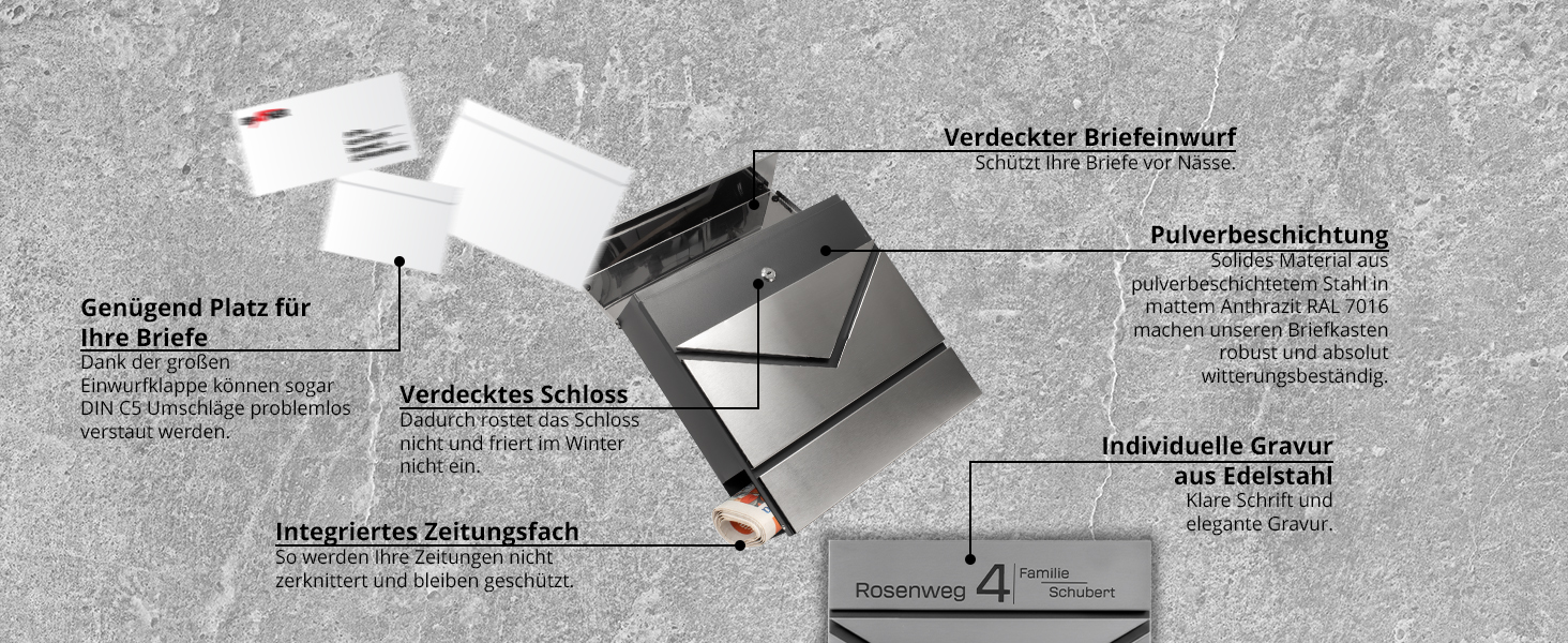 Поштовий ящик Grafner Premium, нержавіюча сталь, з газетницею та 2 ключами, гравіювання імені/вулиці/номера будинку, колір антрацит RAL7016