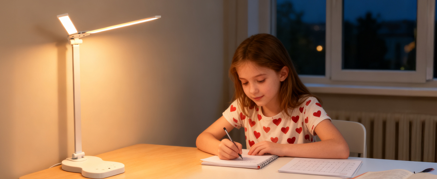 Стійка лампа для робочого столу з двома регульованими головками, 5 режимів кольору, 10 рівнів яскравості, сенсорне керування, таймер 45 хв, диммування, для дому, офісу, читання, навчання - біла