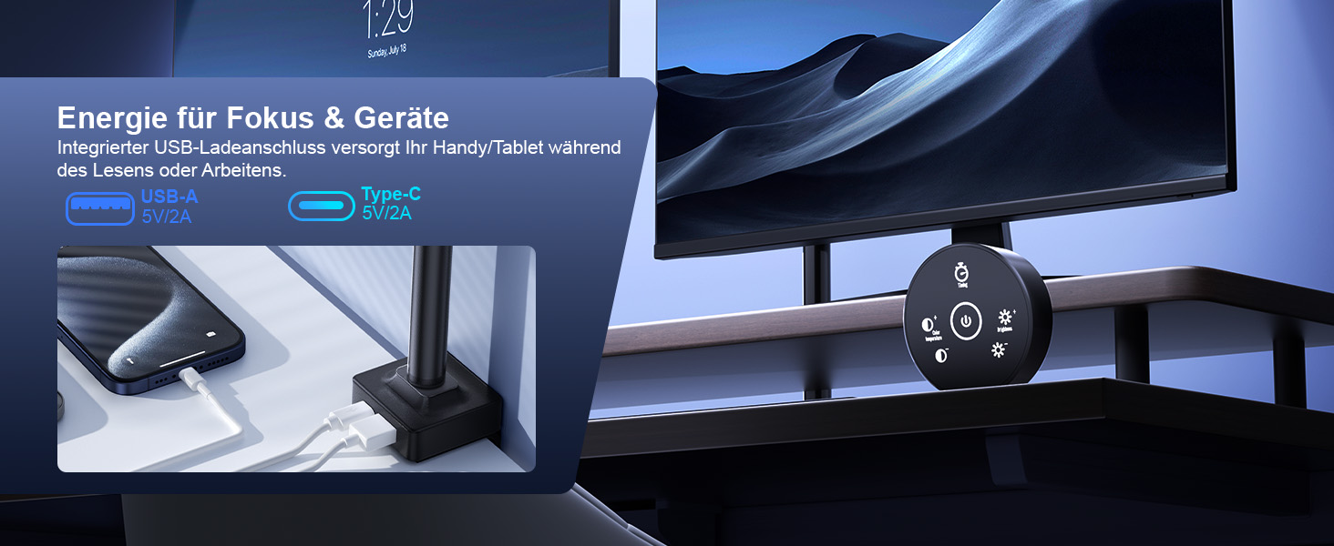 LED лампа настільна з регулюванням яскравості - 1500LM 24W, кріплення-прищіпка, з пультом, гнушкий 80см шнур, USB-порт, для офісу та дому (Чорний)