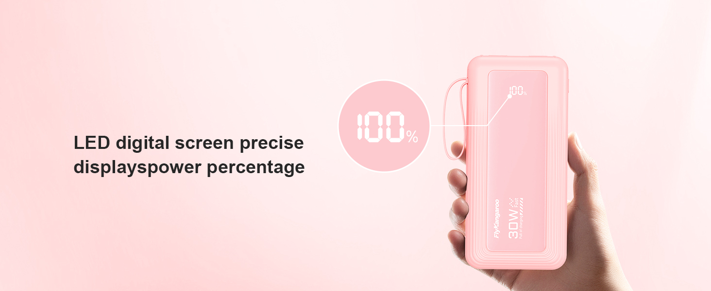 Повербанк 27000mAh з 4 вбудованими кабелями, 30W Power Bank USB-C швидка зарядка з LED-дисплеєм для iPhone, Samsung, iPad та Android, рожевий