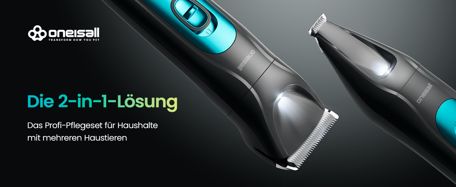 Машинка для стрижки собак та котів oneisall 2-в-1 з тримером для подушок, LED-підсвічуванням, тиха, акумулятор 2000 mAh, для густого та кучерявого хутра, синього кольору