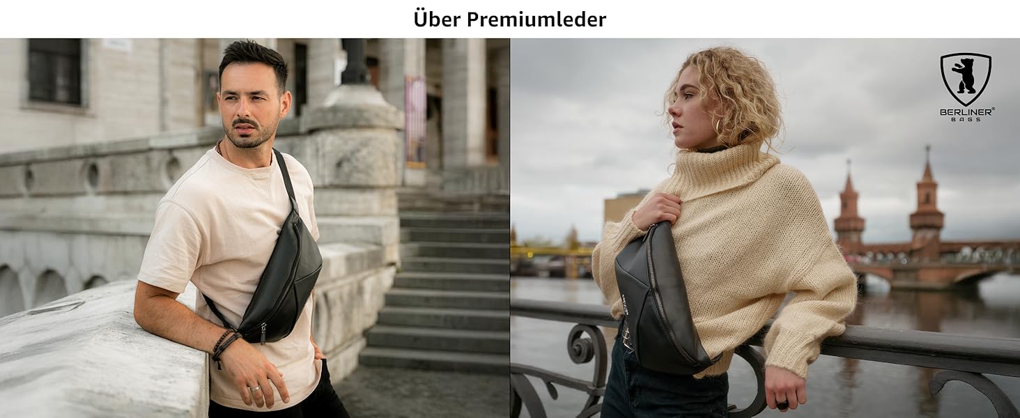 Berliner Bags Преміум поясна сумка Feline, шкіряна сумка через плече, кросбоді, бананка для жінок та чоловіків - чорна