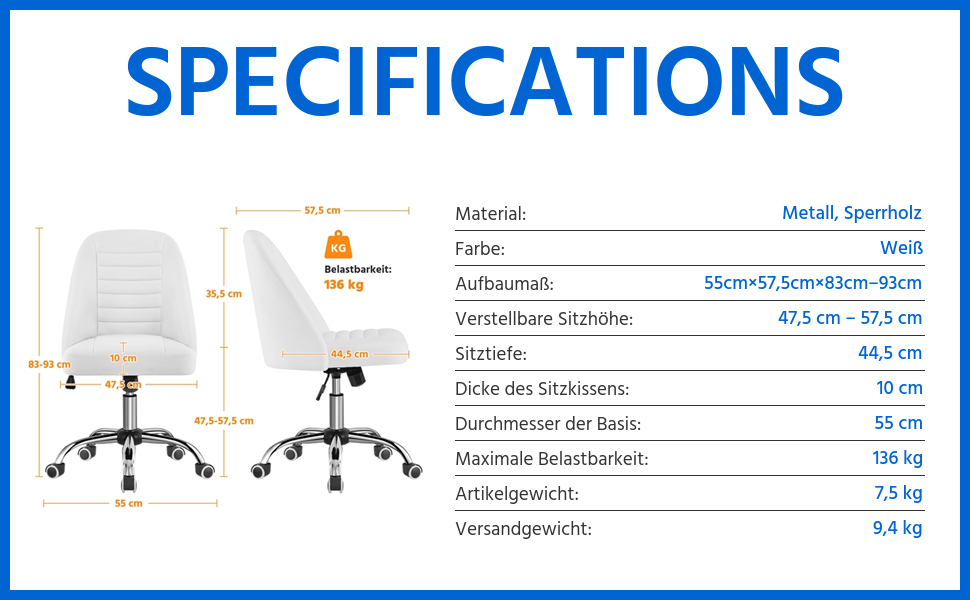 Офісне крісло Yaheetech без підлокітників, обертове, на колесах, регульоване по висоті, для роботи та макіяжу (білий, штучна шкіра)
