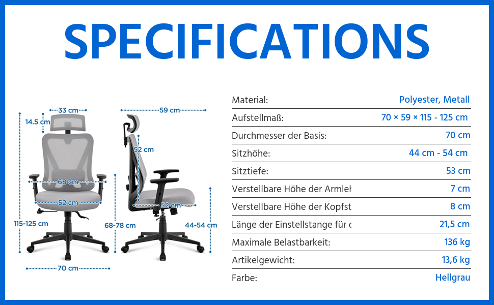 Крісло офісне Yaheetech ергономічне з регульованою підголівником, підлокітниками та поперековою підтримкою, поворотне, з можливістю нахилу 90°-130°, регульоване по висоті (світло-сірий)