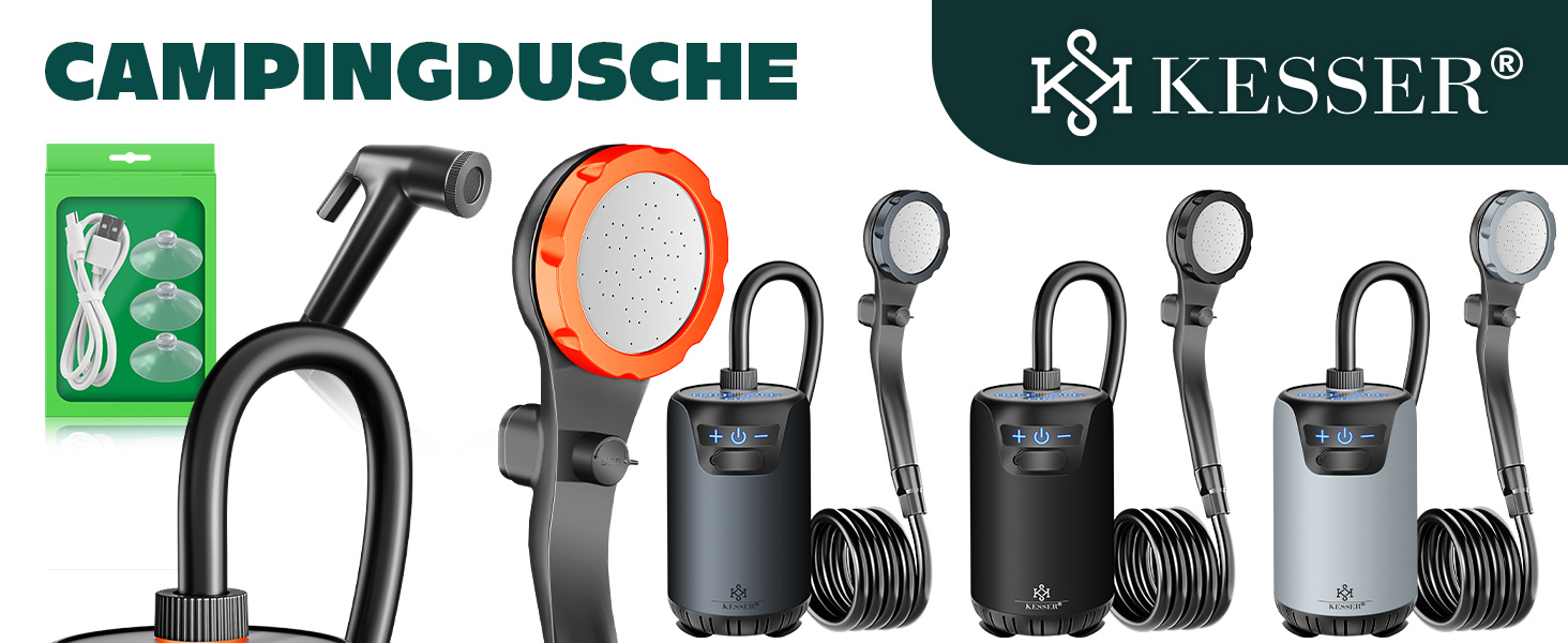 Сонячний душ KESSER® з насосом та акумулятором 8000mAh. Комплект для кемпінгу: 20л бак, регульована лійка, шланг 2м, пістолет-розпилювач, кріплення. Чорний колір.