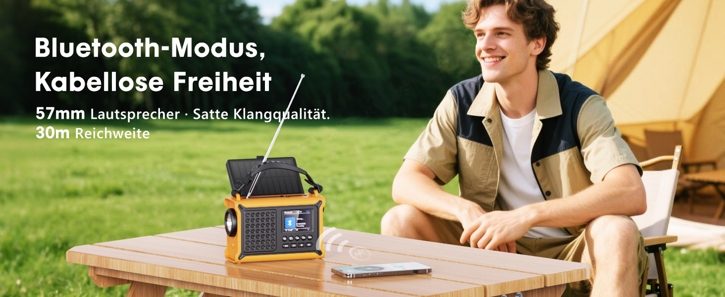 ROCAM Радіоприймач на ручку DAB+/UKW, портативне аварійне радіо з сонячною панеллю 8500 мм² та ручкою 650mA, цифрове радіо з Bluetooth, 2.4' кольоровий дисплей, 80 станцій, SOS, LED ліхтарик, USB, IPX6 для кемпінгу (Жовтий)