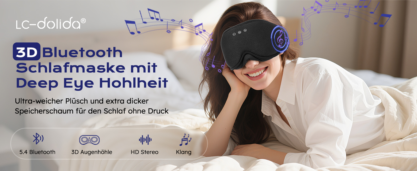 Маска для сну з навушниками Bluetooth LC-dolida 3D, повна блокада світла, чорний колір