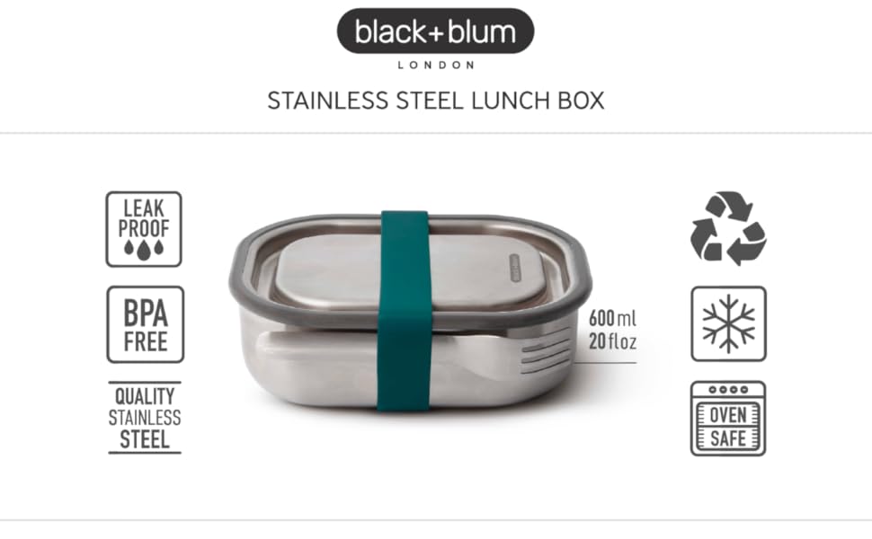 Ланчбокс BLACK+BLUM з нержавіючої сталі 600 мл, помаранчевий, 3-в-1, вакуумна кришка, герметичний, з гофелем, силіконовою стрічкою та роздільником, підходить для духовки й морозильної камери, 20x14x6 см, контейнер для їжі з відсіками