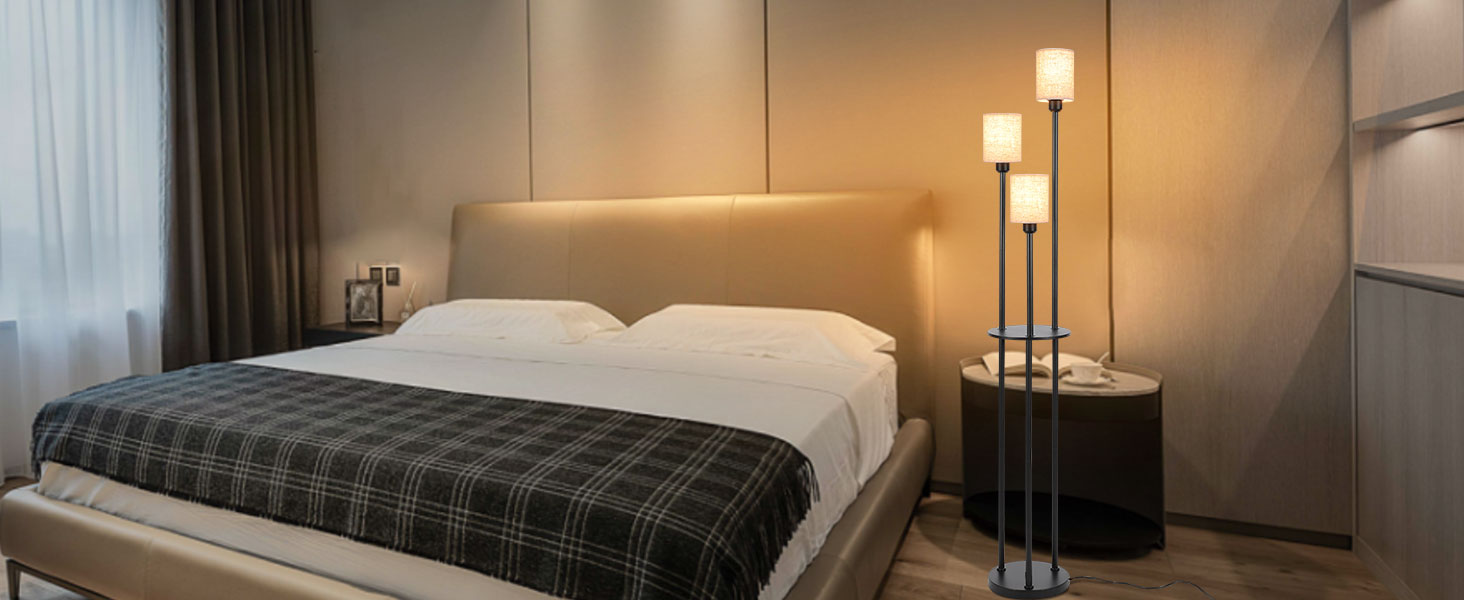 Стійка лампа Winverty для вітальні з полицею, 3 лампи, вінтажний стиль, чорний колір